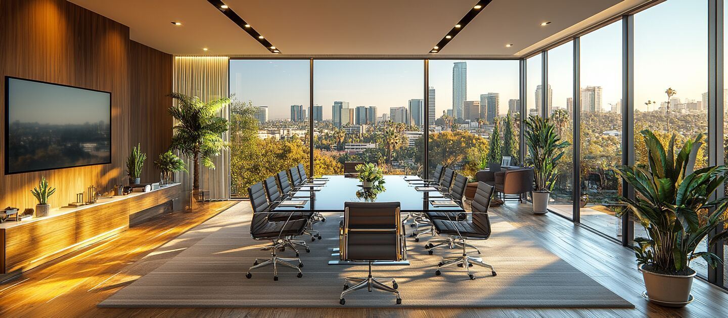 Silverado Holdings. Executive boardroom with downtown Los Angeles skyline. Institutional real estate development leadership.